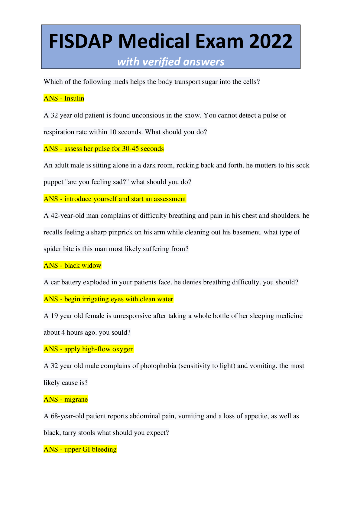 Preview image for FISDAP Medical Exam 2022 with verified answers